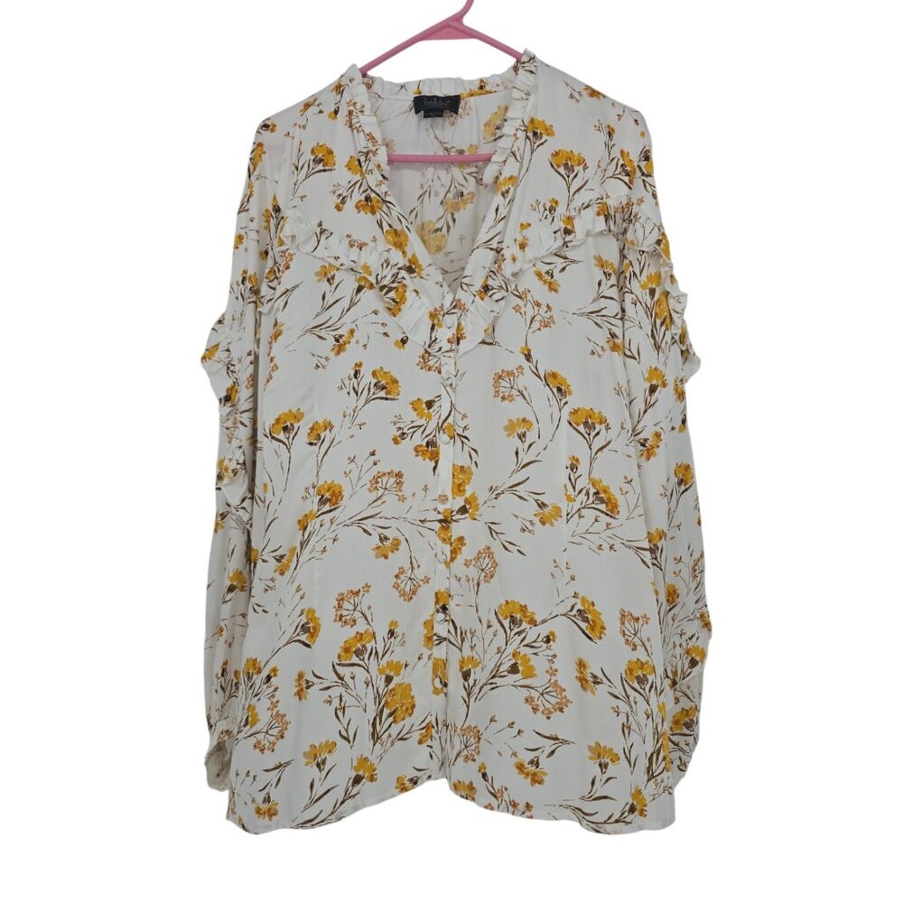 Belldini Size 3X Womens Top Yellow Floral Long Sleeve Ruffle Button Up Blouse